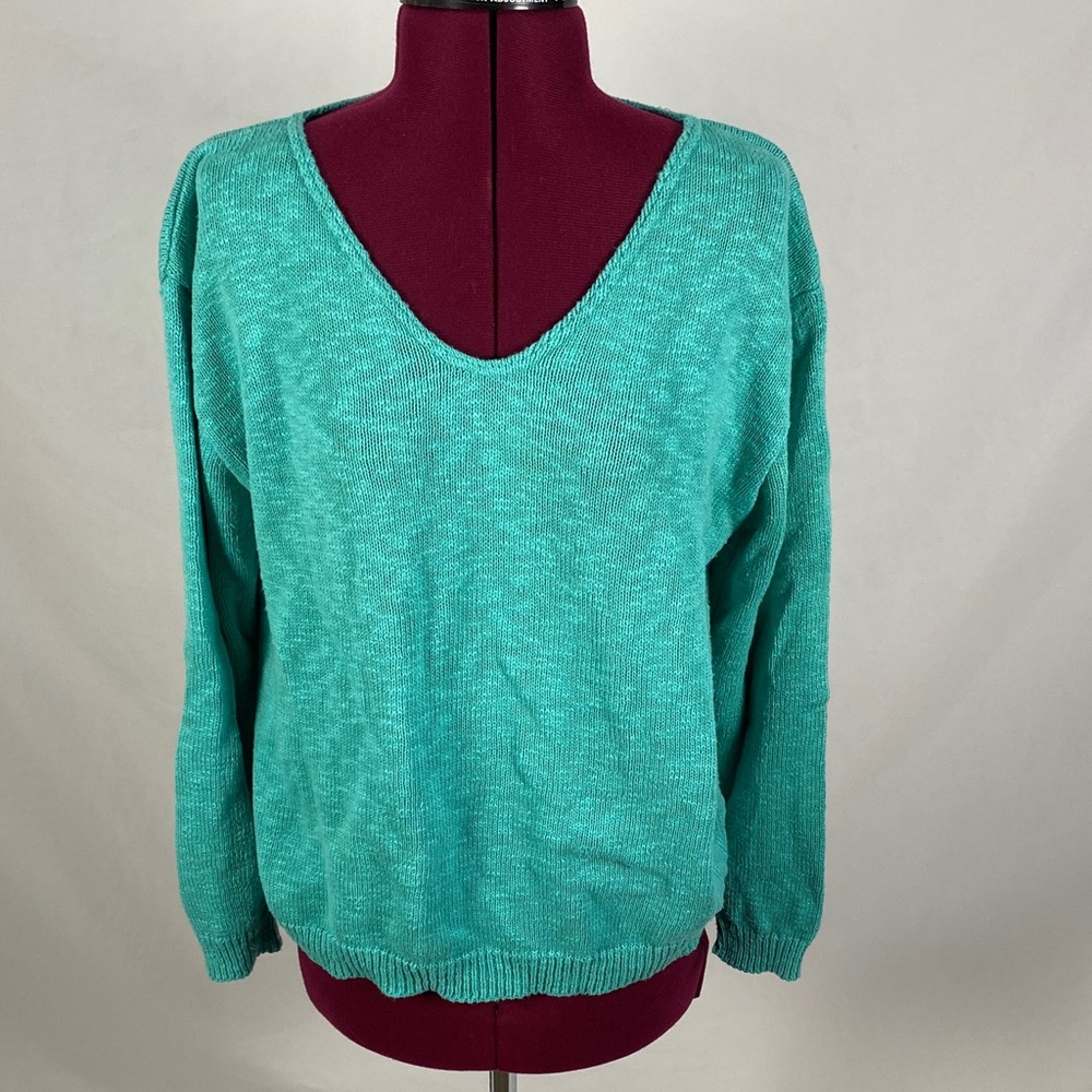 100% Cotton Elegant Teal V-Neck spring Sweater